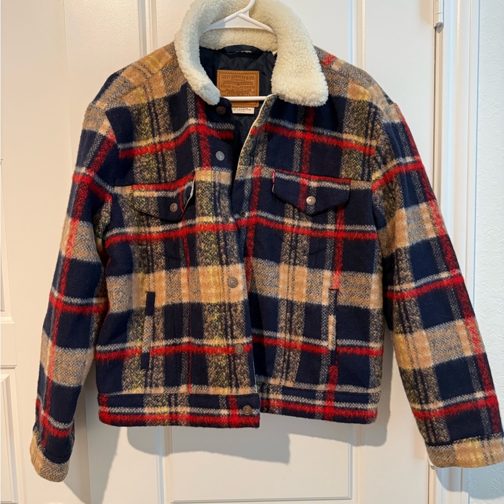 Levi's Navy, Red & Tan Plaid Sherpa Collar Bomber Jacket